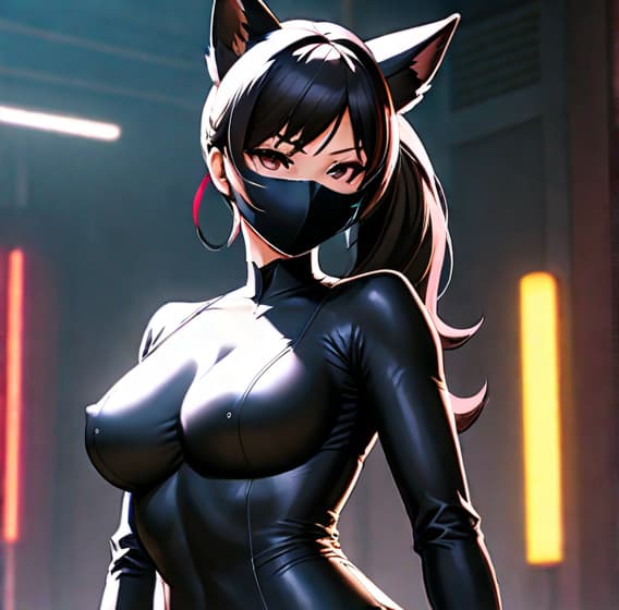  A tall, slender woman with a C-cup bust wearing a tight-fitting rider suit. She is wearing a black Japanese fox mask, obscuring her face. Her hair is a long black ponytail. She carries a large Japanese sword (odachi) on her back. She is standing in a typical model pose with her right hand on her stomach and her left hand close to her body. The style is in the vein of American comic book art. hyperrealistic, full body, detailed clothing, highly detailed, cinematic lighting, stunningly beautiful, intricate, sharp focus, f/1. 8, 85mm, (centered image composition), (professionally color graded), ((bright soft diffused light)), volumetric fog, trending on instagram, trending on tumblr, HDR 4K, 8K