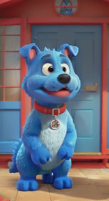  {Max the big blue dog standing in front of a cozy little house with a red door, The big blue dog is large with sky blue fur, big round eyes, a black nose, and floppy ears.