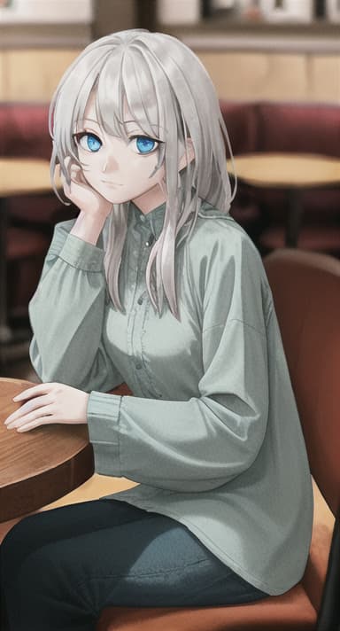  silver haired, blue eyed woman sitting on a table in a cafe, head resting on the table looking at camera, vibrant and warm colors