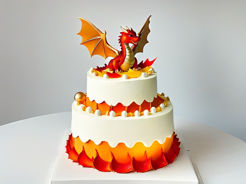  A minimalist illustration of a majestic dragon cake centerpiece, intricately detailed with scales, wings, and fiery breath, set against a simple, clean background to evoke a sense of fantasy and grandeur. hyperrealistic, full body, detailed clothing, highly detailed, cinematic lighting, stunningly beautiful, intricate, sharp focus, f/1. 8, 85mm, (centered image composition), (professionally color graded), ((bright soft diffused light)), volumetric fog, trending on instagram, trending on tumblr, HDR 4K, 8K