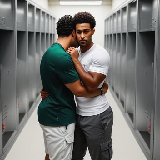  /send image, a cute couple having in , hidden in the lockeroom . they are both 18-years-old, two boysIn this image, you can see a locker room filled with lockers lined up against the walls, dimly lit by the fering fluorescent lights overhead. The atmosphere in the locker room is one of secrecy and excitement.Two eigh boys are hidden behind some lockers, caught in a pionate moment of intimacy. The first boy has shoulder-length black hair that frames his soft, feminine face. He's wearing a tight white tank top and dark green cargo shorts that hug every curve of his plump hips and round . His toned body glistens with sweat as he moans softly from .The second boy has curly brown hair that  hyperrealistic, full body, detailed clothing, highly detailed, cinematic lighting, stunningly beautiful, intricate, sharp focus, f/1. 8, 85mm, (centered image composition), (professionally color graded), ((bright soft diffused light)), volumetric fog, trending on instagram, trending on tumblr, HDR 4K, 8K