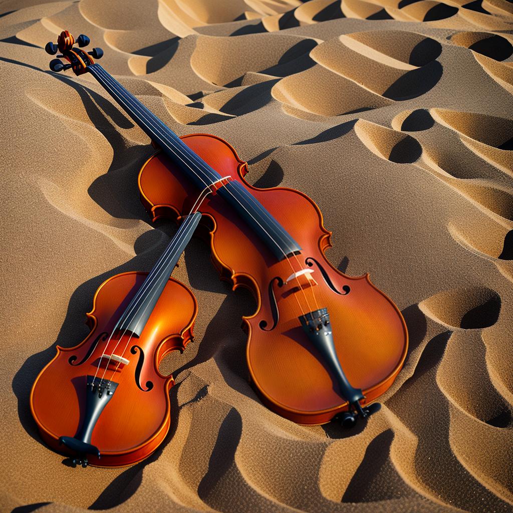  A violin with the body angled down in the sand, the headstock pointing towards the sky slightly blurry because of it distance away. The sand a warm color from the sunset in the distance. The sky is a deep dark blue. The violin is aged and very realistic. hyperrealistic, full body, detailed clothing, highly detailed, cinematic lighting, stunningly beautiful, intricate, sharp focus, f/1. 8, 85mm, (centered image composition), (professionally color graded), ((bright soft diffused light)), volumetric fog, trending on instagram, trending on tumblr, HDR 4K, 8K