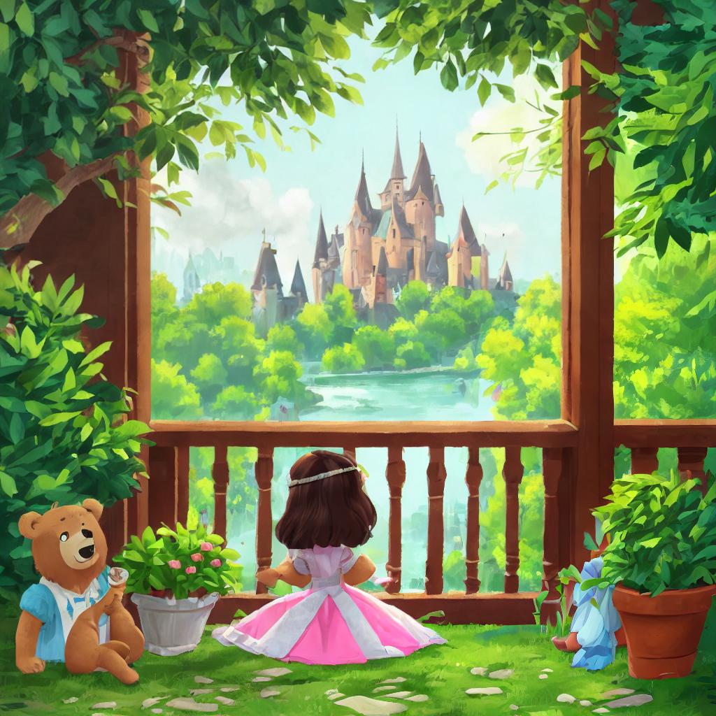  (best quality:1.5), (realistic:1.0), view from the balcony, princess, girl, solo, A line dress, bear, in the castle