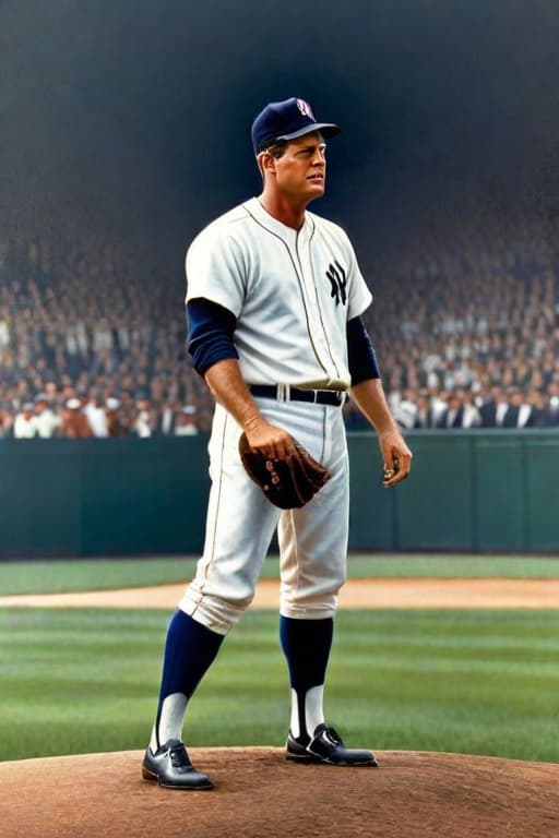  Oil painting of JFK as a baseball player hyperrealistic, full body, detailed clothing, highly detailed, cinematic lighting, stunningly beautiful, intricate, sharp focus, f/1. 8, 85mm, (centered image composition), (professionally color graded), ((bright soft diffused light)), volumetric fog, trending on instagram, trending on tumblr, HDR 4K, 8K