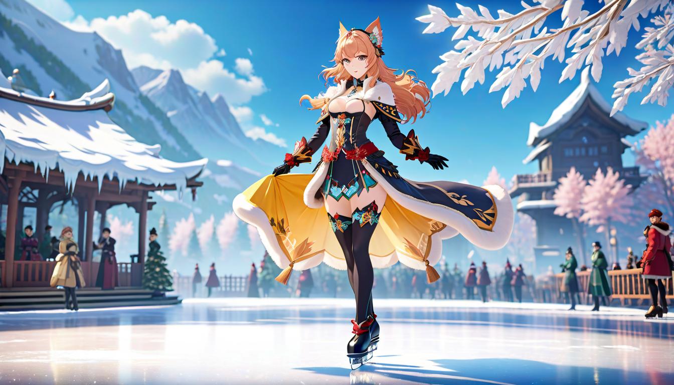  The image is created in the theme of Genshin, depicting a character from the Genshin game, Kaedehara Kazuha, standing full height, with clear and beautiful eyes, located in the center of the image, ice skating on ice, the image is bright and vibrant. hyperrealistic, full body, detailed clothing, highly detailed, cinematic lighting, stunningly beautiful, intricate, sharp focus, f/1. 8, 85mm, (centered image composition), (professionally color graded), ((bright soft diffused light)), volumetric fog, trending on instagram, trending on tumblr, HDR 4K, 8K