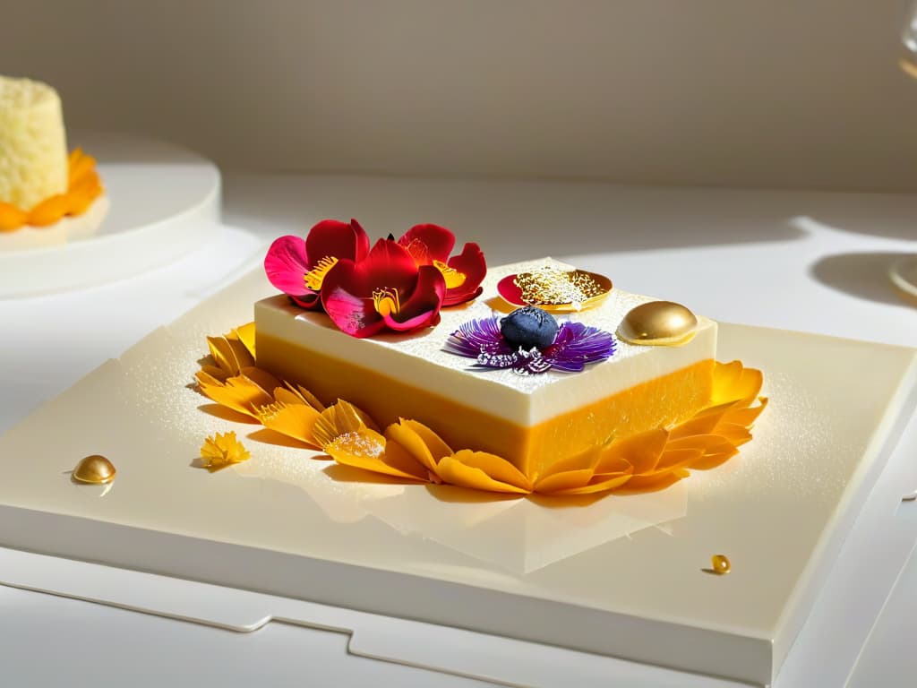  An image of a beautifully plated Korean dessert, featuring delicately crafted traditional Korean sweets like hangwa arranged on a modern, sleek white plate. The desserts are garnished with edible flowers and gold leaf accents, set against a backdrop of a minimalist, elegant table setting with soft lighting to highlight the intricate details of the confectionery. hyperrealistic, full body, detailed clothing, highly detailed, cinematic lighting, stunningly beautiful, intricate, sharp focus, f/1. 8, 85mm, (centered image composition), (professionally color graded), ((bright soft diffused light)), volumetric fog, trending on instagram, trending on tumblr, HDR 4K, 8K