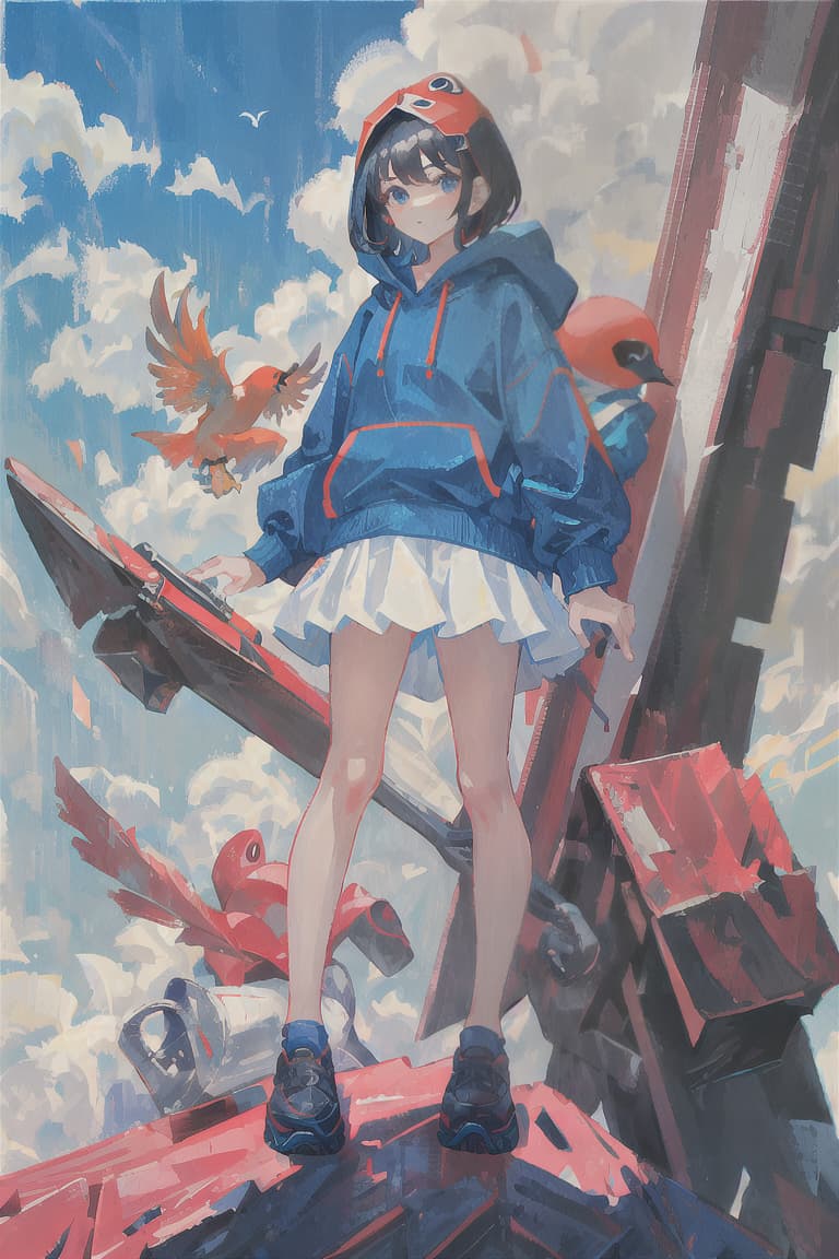  master piece , best quality,Black hair, bobbed hair, high school girl, red hoodie, light blue uniform, soda float, small white bird