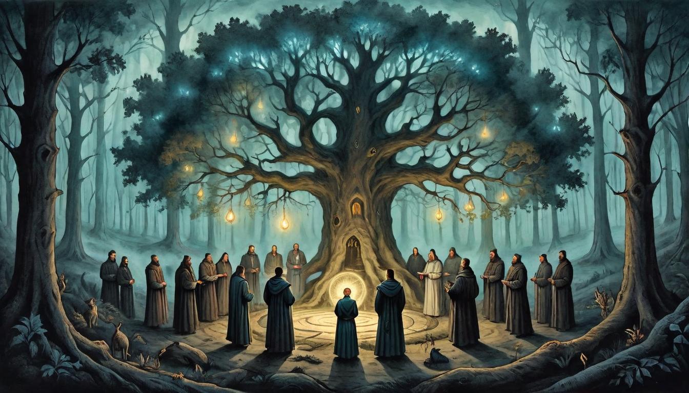  on parchment, surrealism+++, A glowing tree in the center of a dark forest, figures gathered around in a circle, sacred, bonding, enlightened fellowship(mysterious, provocative, symbolic,muted color)+++