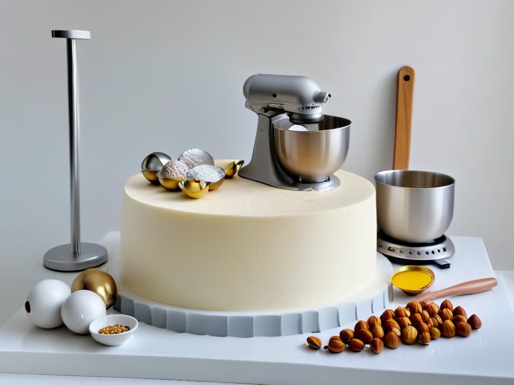  An ultradetailed image of a pristine white marble countertop featuring an assortment of highend baking tools such as a sleek stand mixer, a set of shiny measuring cups, a stack of pastelcolored mixing bowls, and a row of neatly arranged goldenbrown macadamia nuts in their shells. The image captures the essence of sophistication and precision in baking, with soft natural light illuminating the scene to create a visually appealing and aspirational composition for the audience. hyperrealistic, full body, detailed clothing, highly detailed, cinematic lighting, stunningly beautiful, intricate, sharp focus, f/1. 8, 85mm, (centered image composition), (professionally color graded), ((bright soft diffused light)), volumetric fog, trending on instagram, trending on tumblr, HDR 4K, 8K