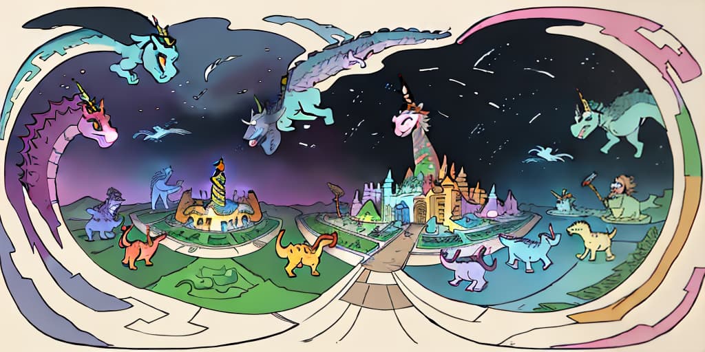  cubemap, equirectangular, 360 degree panaroma, birthday invite in the theme of unicorn and dinosaurs in the style of eric carle