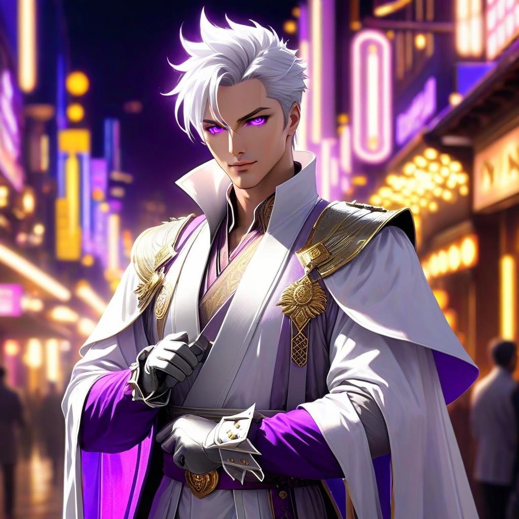  Renaissance style A handsome, cute, tall man in WHITE clothing, light gray epaulets, a purple kimono thrown backwards, gray gloves with purplish accents, silver white, spiky hair brushed back, and golden eyes. He is illuminated by ((NEON LIGHTS)) and ((LUMINESCENT LIGHTING)), in a blurry background, with a luminescent glow, shown in full figure, with an aesthetically pleasing body, a beautiful body, in a Baroque style, Arthur Rackham style, Paul Kidby style, Gediminas Prankraitis style, Jack Kerouac, thoroughly detailed, high quality execution, anime style, Renaissance style, portrait style, Persian miniature from the 3rd century, 3D anime art, inspired by WLOP, Genshin Impact Pixiv, and highly detailed, aesthetically pleasing, concept art hyperrealistic, full body, detailed clothing, highly detailed, cinematic lighting, stunningly beautiful, intricate, sharp focus, f/1. 8, 85mm, (centered image composition), (professionally color graded), ((bright soft diffused light)), volumetric fog, trending on instagram, trending on tumblr, HDR 4K, 8K