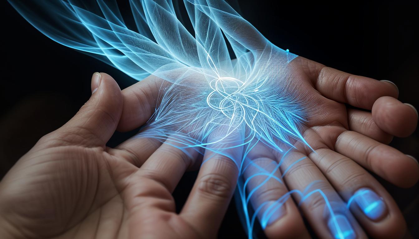  digital illustration, A close up of a hand illuminated by gentle light, reaching out, glowing aura around the hand, soft focus, ethereal and warm mood, looking at viewer, dynamic pose, (intricate details, masterpiece, best quality)