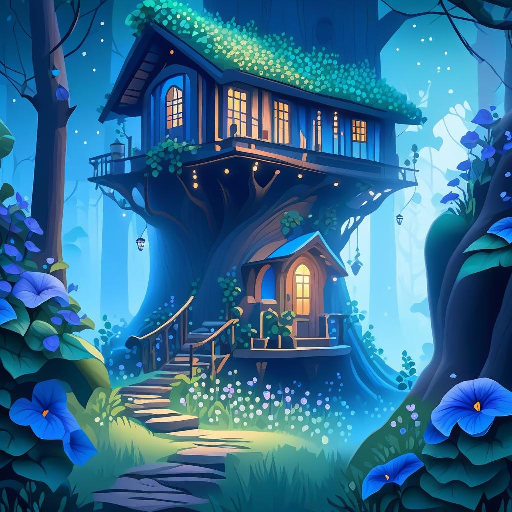  ethereal fantasy concept art of This tree house, nestled in the woods under a large leaf as a roof. Morning petunias serve as both decoration and guardians. The blossoms are blooming above the roof of the cabin. The elf who lives inside seems ready to come out the door and onto the balcony to water the flowers. (Petunia bush petunia) The flowers are blue turning to blue. . magnificent, celestial, ethereal, painterly, epic, majestic, magical, fantasy art, cover art, dreamy hyperrealistic, full body, detailed clothing, highly detailed, cinematic lighting, stunningly beautiful, intricate, sharp focus, f/1. 8, 85mm, (centered image composition), (professionally color graded), ((bright soft diffused light)), volumetric fog, trending on instagram, trending on tumblr, HDR 4K, 8K