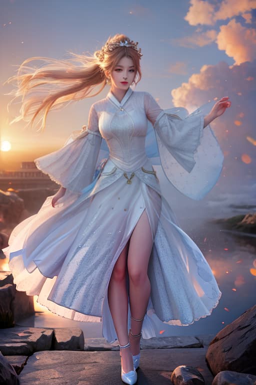  masterpiece, best quality, movie still, 1girl, cloud girl, floating in the sky, close up, bright, happy, warm soft lighting, sunset, (sparks:0.7) hyperrealistic, full body, detailed clothing, highly detailed, cinematic lighting, stunningly beautiful, intricate, sharp focus, f/1. 8, 85mm, (centered image composition), (professionally color graded), ((bright soft diffused light)), volumetric fog, trending on instagram, trending on tumblr, HDR 4K, 8K