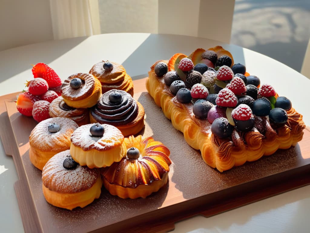  An ultradetailed, photorealistic image of a rustic wooden table adorned with an array of freshly baked organic pastries like flaky croissants, fruit tarts with perfectly arranged berries, and decadent chocolate cakes topped with edible flowers. The pastries are surrounded by vibrant, fresh organic ingredients such as plump raspberries, glossy figs, and fragrant vanilla pods, emphasizing the quality and natural beauty of using organic ingredients in gourmet pastry making. The warm sunlight streaming through a nearby window casts a soft, inviting glow over the scene, creating a truly inspiring and mouthwatering visual for the readers. hyperrealistic, full body, detailed clothing, highly detailed, cinematic lighting, stunningly beautiful, intricate, sharp focus, f/1. 8, 85mm, (centered image composition), (professionally color graded), ((bright soft diffused light)), volumetric fog, trending on instagram, trending on tumblr, HDR 4K, 8K