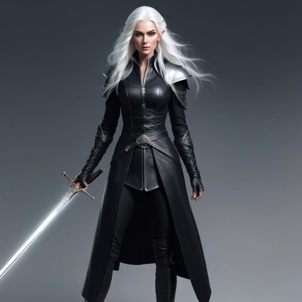  concept art A tall elf woman with white hair holds a rapier and is wearing a stylish black coat with a raised collar. . digital artwork, illustrative, painterly, matte painting, highly detailed hyperrealistic, full body, detailed clothing, highly detailed, cinematic lighting, stunningly beautiful, intricate, sharp focus, f/1. 8, 85mm, (centered image composition), (professionally color graded), ((bright soft diffused light)), volumetric fog, trending on instagram, trending on tumblr, HDR 4K, 8K