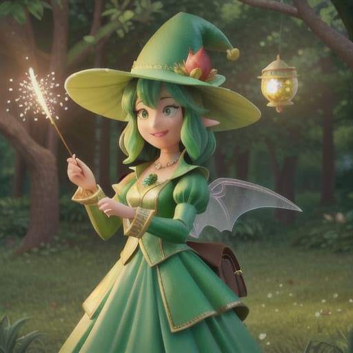  "Generate a lively and imaginative image reflecting a scene from a fairytale. An endearing green fairy, dressed in sparkling emerald attire, with small luminescent wings, is casting a magical spectacle of fireworks that glisten like stars. Set against the canopy of a dense forest with shimmering fireflies, the scene also captures a typical fantasy-like dragon and a monkey with a green hat, both awestruck by the magical display. Some glowing apples hang from a nearby apple tree, serving as a refreshment for the enchanting midnight feast. The fireworks reflect on their excited faces, as their silhouettes lay on the grassy meadow, signaling the end of an adventurous day. Incorporate an art style that is rich in color, stimulates imagination, a hyperrealistic, full body, detailed clothing, highly detailed, cinematic lighting, stunningly beautiful, intricate, sharp focus, f/1. 8, 85mm, (centered image composition), (professionally color graded), ((bright soft diffused light)), volumetric fog, trending on instagram, trending on tumblr, HDR 4K, 8K