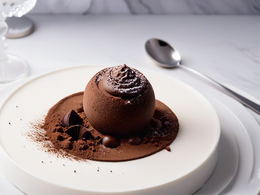  A minimalistic image featuring a closeup shot of a luxurious chocolate truffle with a perfectly smooth and glossy surface, dusted with a sprinkle of cocoa powder on a pristine white marble background. The truffle is elegantly placed on a delicate silver dessert spoon, casting a soft shadow, highlighting its exquisite craftsmanship and tempting texture. hyperrealistic, full body, detailed clothing, highly detailed, cinematic lighting, stunningly beautiful, intricate, sharp focus, f/1. 8, 85mm, (centered image composition), (professionally color graded), ((bright soft diffused light)), volumetric fog, trending on instagram, trending on tumblr, HDR 4K, 8K