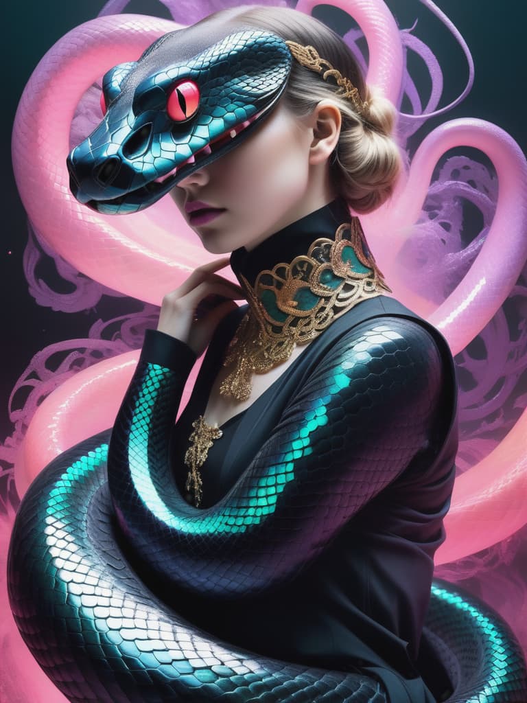  photo RAW, (Black, petrol, lilac and neon turquoise pink : Portrait of ghostly big black snake, woman, collar, shiny aura, highly detailed, gold filigree, intricate motifs, organic tracery, Kiernan Shipka, Januz Miralles, Hikari Shimoda, glowing stardust by W. Zelmer, perfect composition, smooth, sharp focus, sparkling particles, lively coral reef background Realistic, realism, hd, 35mm photograph, 8k), masterpiece, award winning photography, natural light, perfect composition, high detail, hyper realistic hyperrealistic, full body, detailed clothing, highly detailed, cinematic lighting, stunningly beautiful, intricate, sharp focus, f/1. 8, 85mm, (centered image composition), (professionally color graded), ((bright soft diffused light)), volumetric fog, trending on instagram, trending on tumblr, HDR 4K, 8K