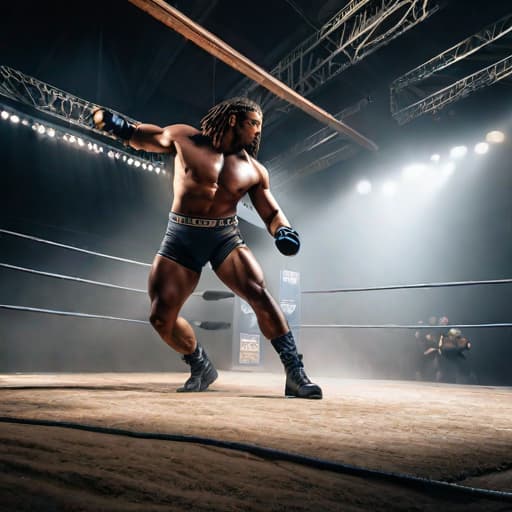  A mixed race man clean shaven with two tone dreadlocks, with an athletic build performing a suplex in a professional wrestling match to a curly haired woman hyperrealistic, full body, detailed clothing, highly detailed, cinematic lighting, stunningly beautiful, intricate, sharp focus, f/1. 8, 85mm, (centered image composition), (professionally color graded), ((bright soft diffused light)), volumetric fog, trending on instagram, trending on tumblr, HDR 4K, 8K