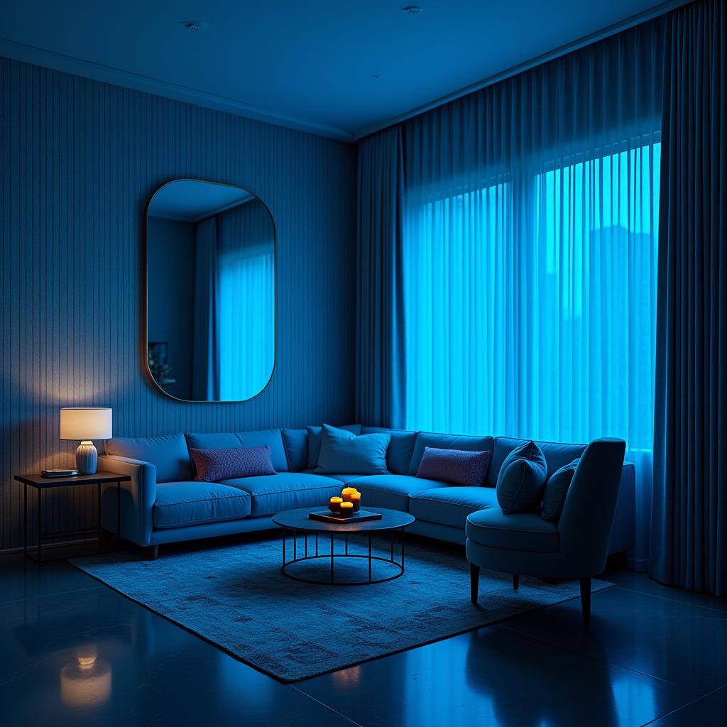  capture an unedited 8k photograph styled after mario testino, featuring a sharp, hyperrealistic, and highly detailed view of a living room designed in the art deco style, marked by 1920s 30s geometric patterns and luxury materials. the image introduces a vibrant blue effect (rgb color value for blue), professionally color graded with bright, soft diffused light, and shot using a 100mm f\/2.8 telephoto lens under nocturnal lighting. this image, reminiscent of a mystery movie, employs cinestill 800t film grain to enhance a nostalgic style, drawing inspiration from past decades with vintage color schemes and dense, intricately blurred backgrounds that amplify the scene's stunning beauty. hyperrealistic, full body, detailed clothing, highly detailed, cinematic lighting, stunningly beautiful, intricate, sharp focus, f/1. 8, 85mm, (centered image composition), (professionally color graded), ((bright soft diffused light)), volumetric fog, trending on instagram, trending on tumblr, HDR 4K, 8K