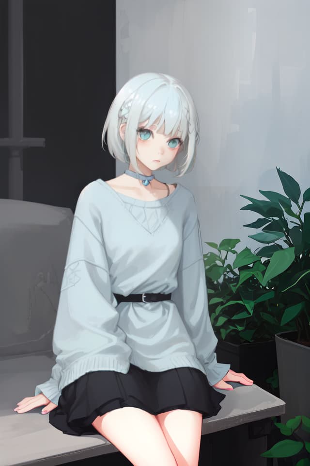  Subculture, girl, cute, light blue, sitting, white hair, Bob