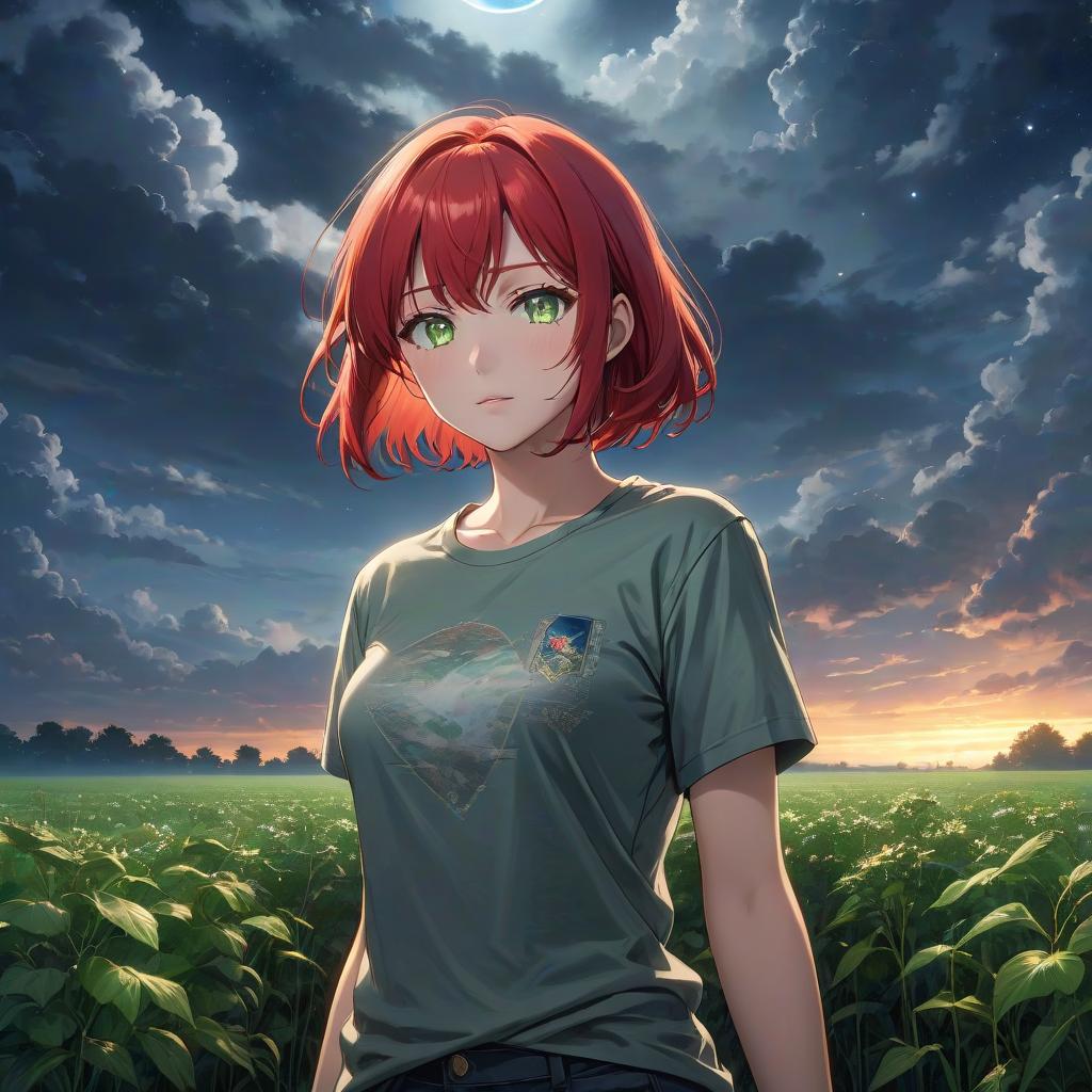  a woman with red hair and green eyes, in a gray light T shirt, a cloudy night sky, very inspired emotions, mixed character, the sky in the background,in the field, a little girl, Chise Hatori, standing here, out of this world, gentle, detailed art, anime style hyperrealistic, full body, detailed clothing, highly detailed, cinematic lighting, stunningly beautiful, intricate, sharp focus, f/1. 8, 85mm, (centered image composition), (professionally color graded), ((bright soft diffused light)), volumetric fog, trending on instagram, trending on tumblr, HDR 4K, 8K