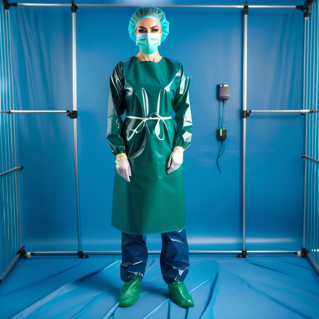  One woman, standing, (full length:1.2), (front view:1.2), (full face:1.2), woman surgeon, in design knee length surgical gown made of (two color glossy latex dark green and dark blue 1.3), on (front surgical gown: 1.3), (divided into two identical parts with a color border at the waist), (upper part of surgical gown: 1.3), (covers from collar to waist: 1.2), (dark green color: 1.1) and (lower part of surgical gown: 1.3), (covers from edge of gown to waist: 1.2), (dark blue color: 1.1), (long sleeves with cuffs: 1.3) (upper part sleeve: 1.3), (covers shoulder to elbow: 1.2), (dark blue color: 1.1), a (lower part sleeve: 1.3), (covers from cuff to elbow: 1.2), (dark green color: 1.1) hyperrealistic, full body, detailed clothing, highly detailed, cinematic lighting, stunningly beautiful, intricate, sharp focus, f/1. 8, 85mm, (centered image composition), (professionally color graded), ((bright soft diffused light)), volumetric fog, trending on instagram, trending on tumblr, HDR 4K, 8K