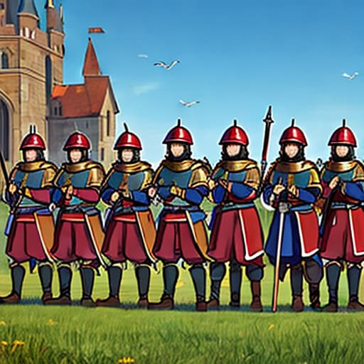  medieval soldiers with medieval armor lining up