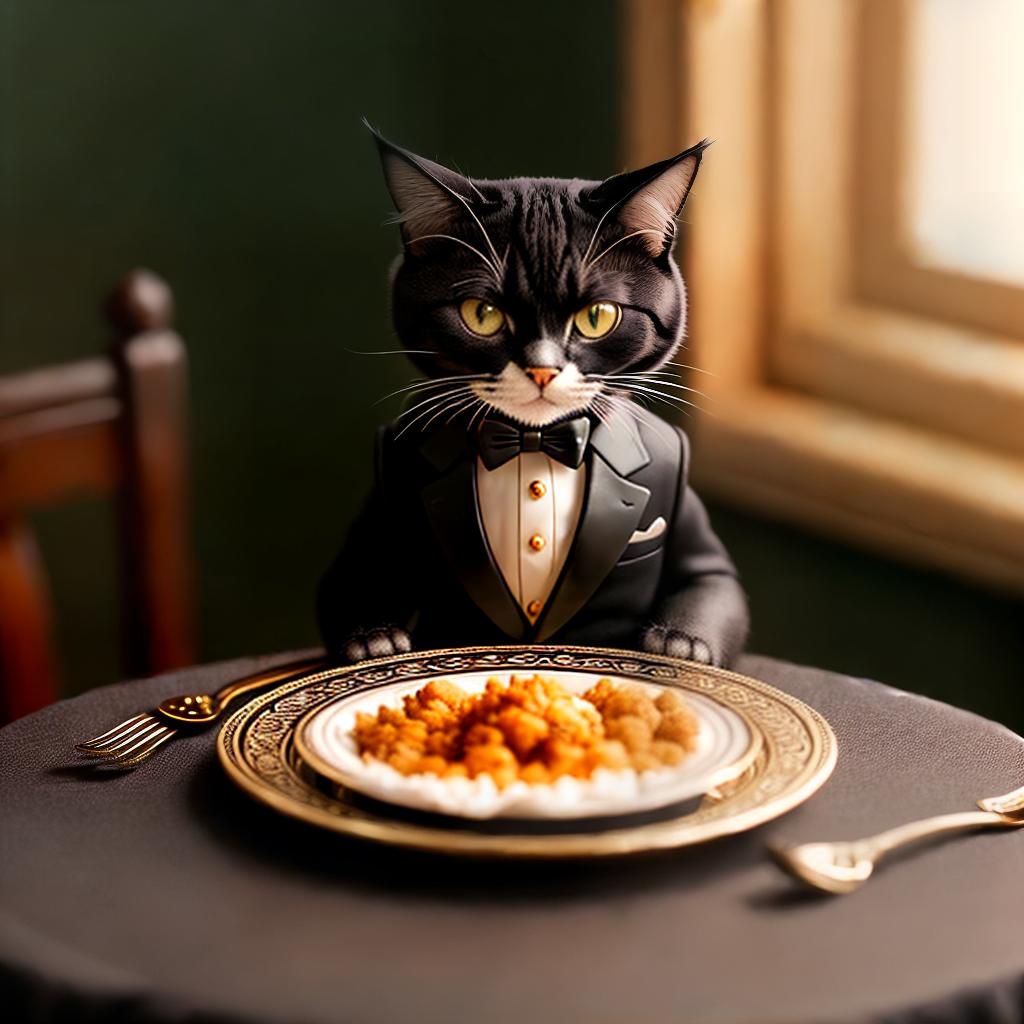  Salim the cat from Sabrina the little witch sits in a tuxedo at the table ,highly detailed, cinematic lighting, stunningly beautiful, intricate, sharp focus, f1. 8, 85mm, (centered image composition), (professionally color graded), ((bright soft diffused light)), volumetric fog, trending on instagram, trending on tumblr, HDR 4K, 8K