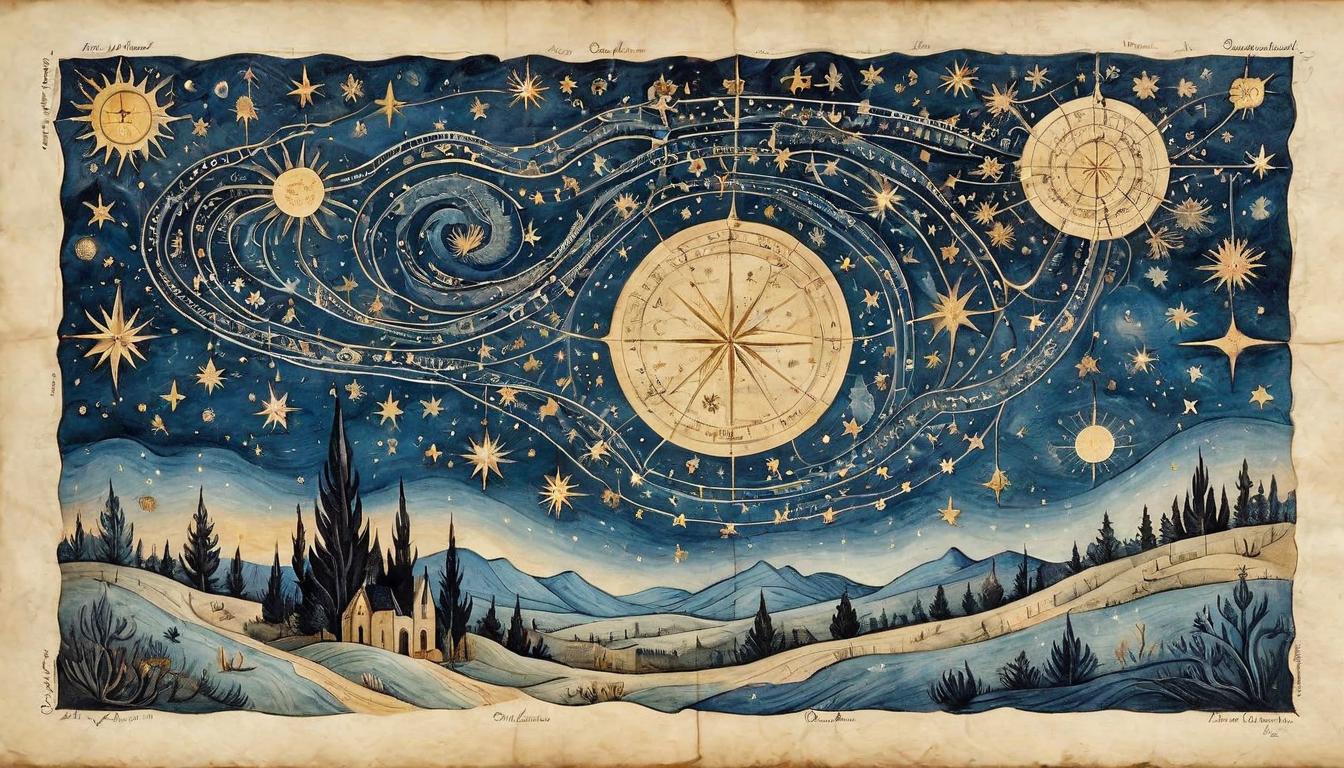  on parchment, surrealism+++, Starry night sky with connected constellations, radiant lines, encapsulating a mind, insightful, connected(mysterious, provocative, symbolic,muted color)+++