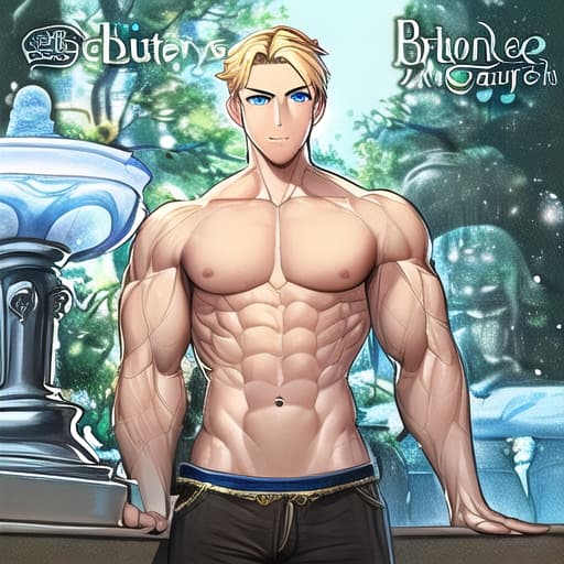  A handsome young boy with blonde hair and blue eyes is showing his sculptured pecs and abs, his arms are muscled too