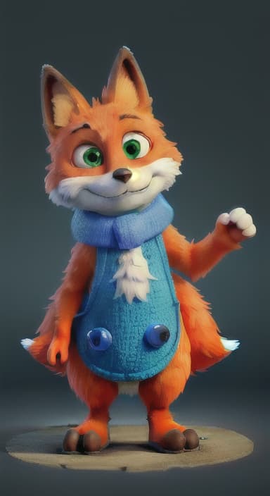  {Error the fox pressing the blue button with his paw, looking puzzled as nothing occurs., Error is a small, bright orange fox with a fluffy tail and big, inquisitive eyes. He has a mischievous yet kind expression and wears a tiny green scarf.