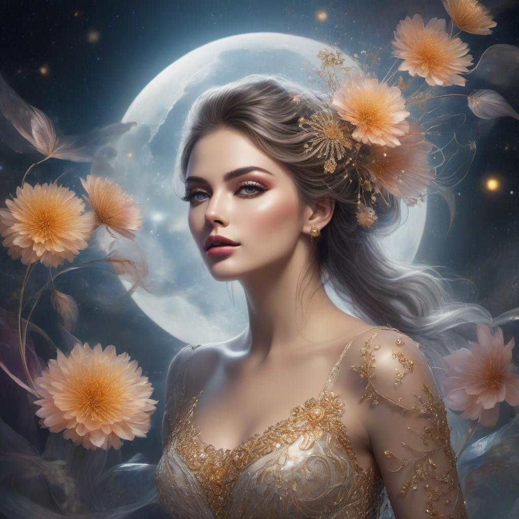  hyperrealistic art "Shimmering swirling glitter, filigree, strybk style, muted, colors, luminescent, watercolor style, extremely cute iridescent beautiful woman, highly realistic expressive eyes, adorned with flowers and feathers, luminicsm, soft background with swirls and an extremely big luminescent moon, digital painting, highly detailed, intricated, intricated pose, clarity, high quality, magic realism, dandelion seeds, Lively and playful, Harmonious golden ratio composition, Burst of neutral colors and lights, Dynamic energy, whirlwind of creative energy, swirling colors, energy, textures, breathtaking beauty, pure perfection, unforgettable, impressive, breathtaking beauty, Volumetric light, auras, rays, neon ambiance, abstract black o hyperrealistic, full body, detailed clothing, highly detailed, cinematic lighting, stunningly beautiful, intricate, sharp focus, f/1. 8, 85mm, (centered image composition), (professionally color graded), ((bright soft diffused light)), volumetric fog, trending on instagram, trending on tumblr, HDR 4K, 8K