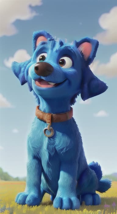  {A happy, big blue dog wagging its tail in a colorful meadow, The big blue dog is large with sky blue fur, big round eyes, a black nose, and floppy ears.