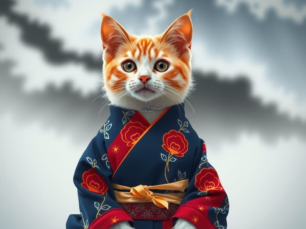  crie uma imagem de um gato persa vestido com um kimono elegante. o kimono deve ser detalhado, com padrões tradicionais e cores vibrantes, como vermelho, dourado e azul, refletindo o estilo clássico ..... hyperrealistic, full body, detailed clothing, highly detailed, cinematic lighting, stunningly beautiful, intricate, sharp focus, f/1. 8, 85mm, (centered image composition), (professionally color graded), ((bright soft diffused light)), volumetric fog, trending on instagram, trending on tumblr, HDR 4K, 8K