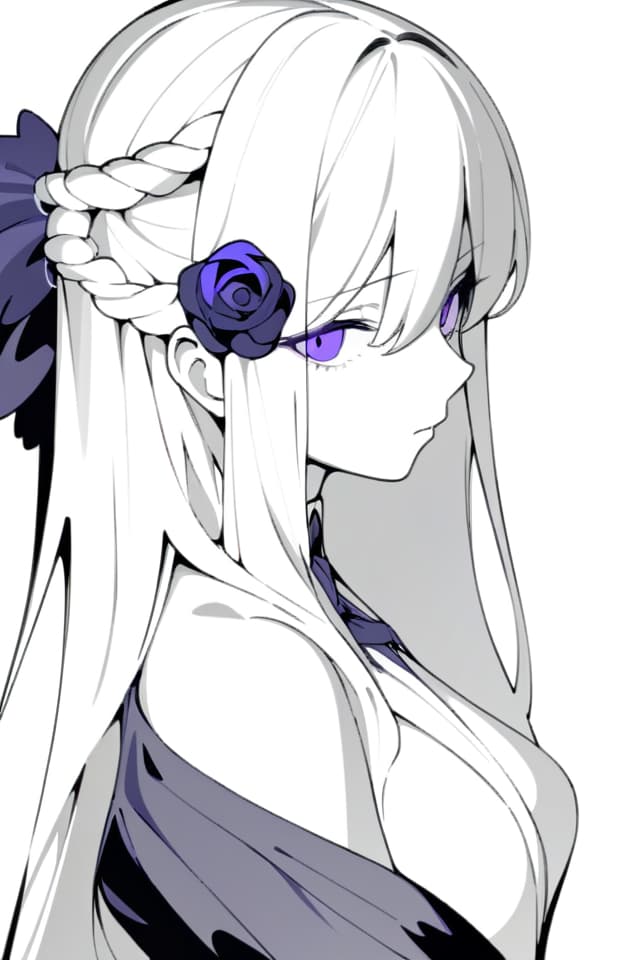  (masterpiece,best quakity;1.4),1girl,solo,green hair,long hair,purple eyes,formal dress,Purple rose hair ornament,expressionless,simple background,portrait,(monochrome:1.2),