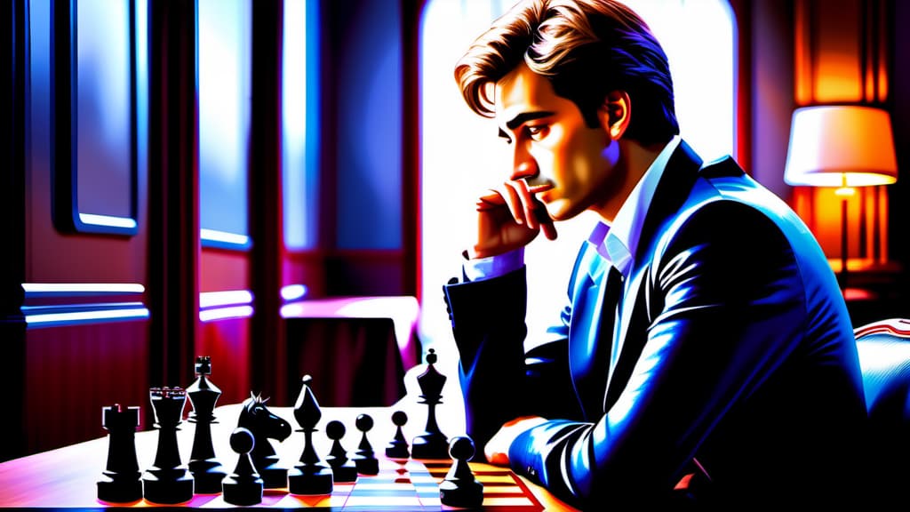  Max, a master chess player, sits before a board, deeply engrossed in his game, outmaneuvering opponents with brilliant tactics.  , ((realistic)), ((masterpiece)), focus on detailed clothing and atmosphere of the surroundings. Soft and natural lights.