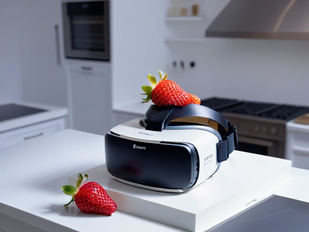  An ultradetailed 8k image of a virtual reality headset placed on a sleek, modern kitchen countertop. The headset is illuminated by a soft, warm light, emphasizing its futuristic design. The countertop is clean and minimalist, with a hint of flour dust and a scattering of vibrant berries, giving a subtle nod to the culinary setting. The overall image conveys a sense of innovation and sophistication, perfectly encapsulating the fusion of virtual reality technology with the art of pastry making. hyperrealistic, full body, detailed clothing, highly detailed, cinematic lighting, stunningly beautiful, intricate, sharp focus, f/1. 8, 85mm, (centered image composition), (professionally color graded), ((bright soft diffused light)), volumetric fog, trending on instagram, trending on tumblr, HDR 4K, 8K