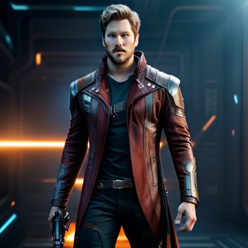  Guardians of the Galaxy, Star Lord hyperrealistic, full body, detailed clothing, highly detailed, cinematic lighting, stunningly beautiful, intricate, sharp focus, f/1. 8, 85mm, (centered image composition), (professionally color graded), ((bright soft diffused light)), volumetric fog, trending on instagram, trending on tumblr, HDR 4K, 8K