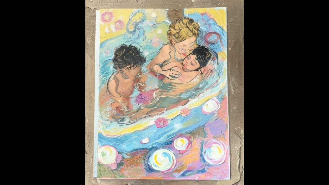 , mom and two boys taking a bath,colorful swirls with flowers around the body, surreal style, digital art in the style of Vincent van Gogh, detailed illustration with intricate patterns and textures, soft lighting, high resolution quality.,hyper realistic, knee shot, 4k, hasselblad 1600f<lora:samdoesarts-lora:0.6004812617017334> kawaiitech pastel colors kawaii cute colors scifi <lora:laugh:0.6823394251381867><lora:real-boy:0.7596538723724764><lora:gd-xiaorenshu:0.8894760924593119> hyperrealistic, full body, detailed clothing, highly detailed, cinematic lighting, stunningly beautiful, intricate, sharp focus, f/1. 8, 85mm, (centered image composition), (professionally color graded), ((bright soft diffused light)), volumetric fog, trending on instagram, trending on tumblr, HDR 4K, 8K