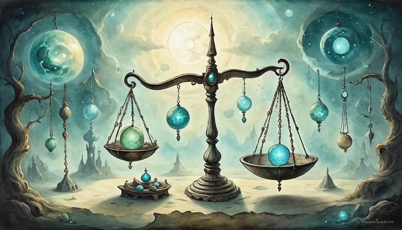  on parchment, surrealism+++, A set of scales, balanced delicately with glowing orbs representing values and spiritual goals, hanging in a void space, ethereal light, sense of evaluation, harmonious, mystical(mysterious, provocative, symbolic,muted color)+++