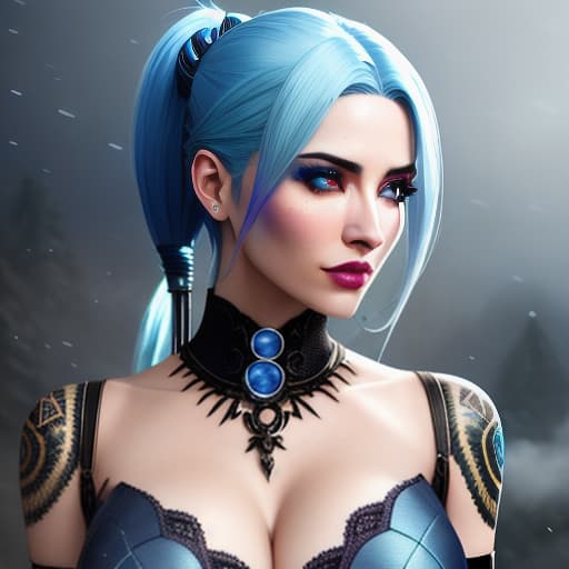  Jinx, blue hair, hyperrealistic, full body, detailed clothing, highly detailed, cinematic lighting, stunningly beautiful, intricate, sharp focus, f/1. 8, 85mm, (centered image composition), (professionally color graded), ((bright soft diffused light)), volumetric fog, trending on instagram, trending on tumblr, HDR 4K, 8K