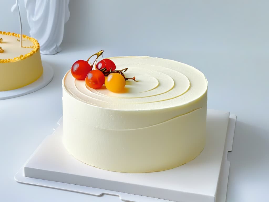  An ultradetailed image of a pristine white cake decorating turntable with a sleek, modern design. The base is round and smooth, rotating effortlessly on a central axis. The platform is adorned with subtle, geometric patterns, exuding a sense of elegance and sophistication. The turntable is positioned on a clean, white backdrop, emphasizing its minimalist aesthetic and professional allure. Every curve and edge is meticulously crafted, showcasing the precision and quality of this essential tool for achieving uniform and professional cake decorations. hyperrealistic, full body, detailed clothing, highly detailed, cinematic lighting, stunningly beautiful, intricate, sharp focus, f/1. 8, 85mm, (centered image composition), (professionally color graded), ((bright soft diffused light)), volumetric fog, trending on instagram, trending on tumblr, HDR 4K, 8K