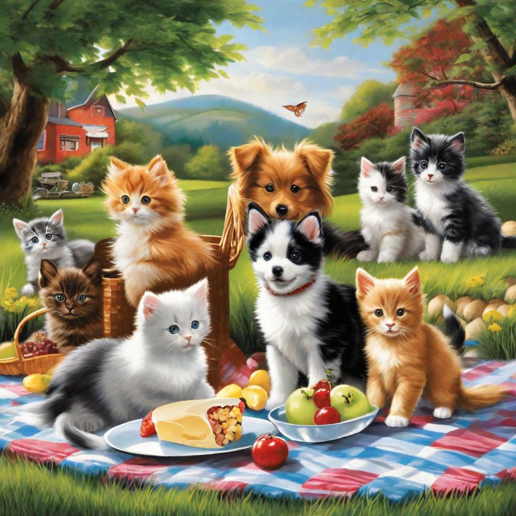  masterpiece, best quality,Draw a picture of kittens and puppies going out for a picnic