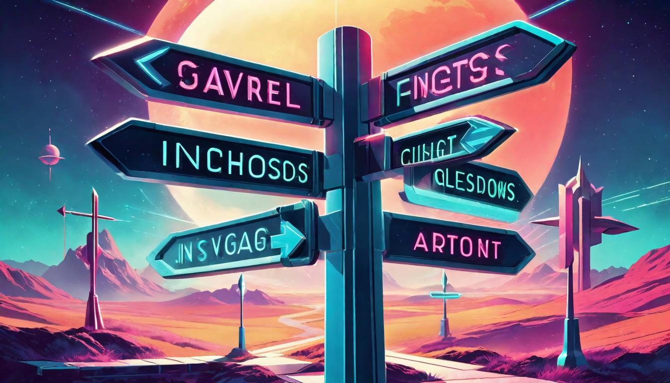  retro futuristic Guidepost at a crossroads, arrows pointing in multiple directions, each path marked by a lesson or insight lvintage sci fi, 50s and 60s style, atomic age, vibrant, highly detailed