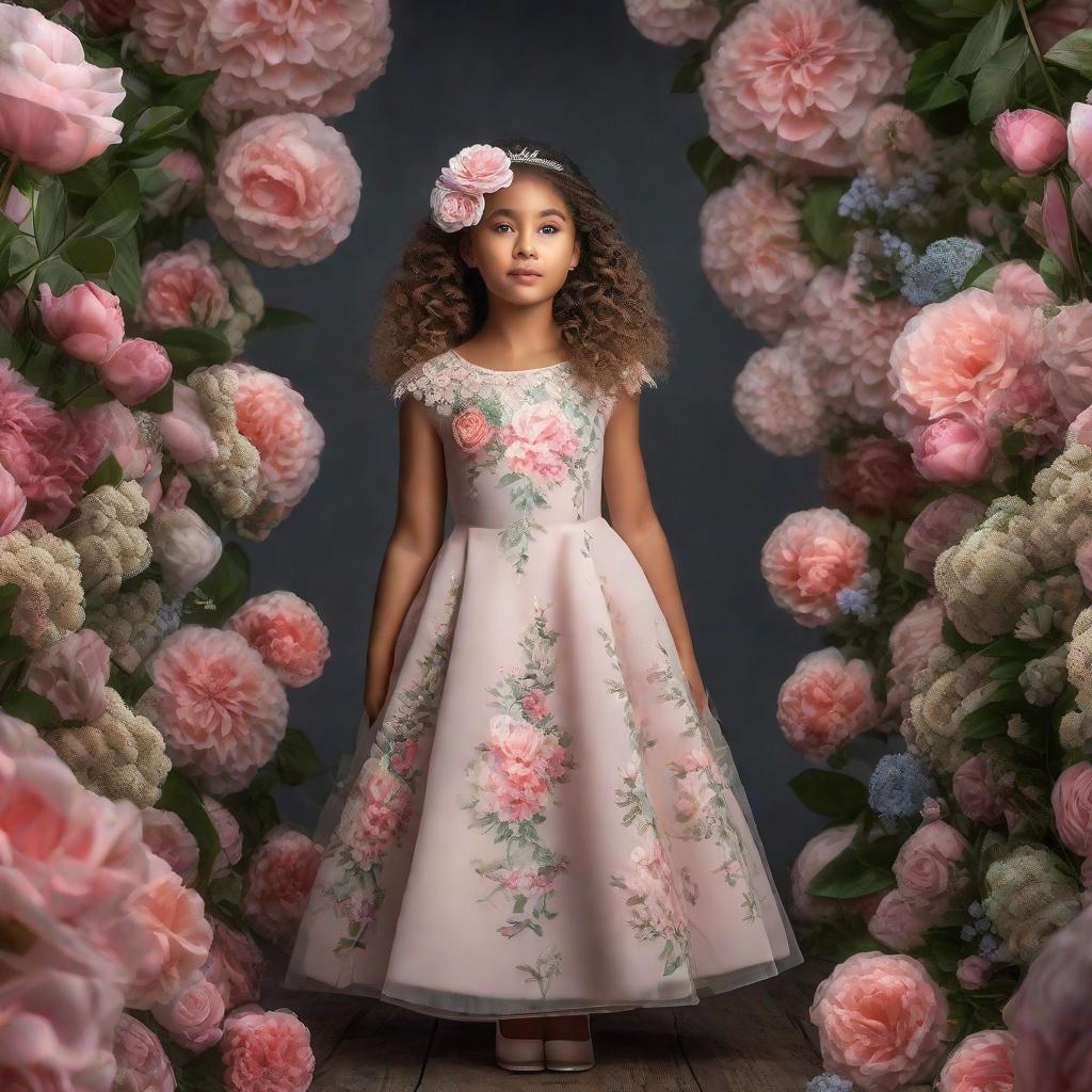  Vestido roupa menina com flores hyperrealistic, full body, detailed clothing, highly detailed, cinematic lighting, stunningly beautiful, intricate, sharp focus, f/1. 8, 85mm, (centered image composition), (professionally color graded), ((bright soft diffused light)), volumetric fog, trending on instagram, trending on tumblr, HDR 4K, 8K