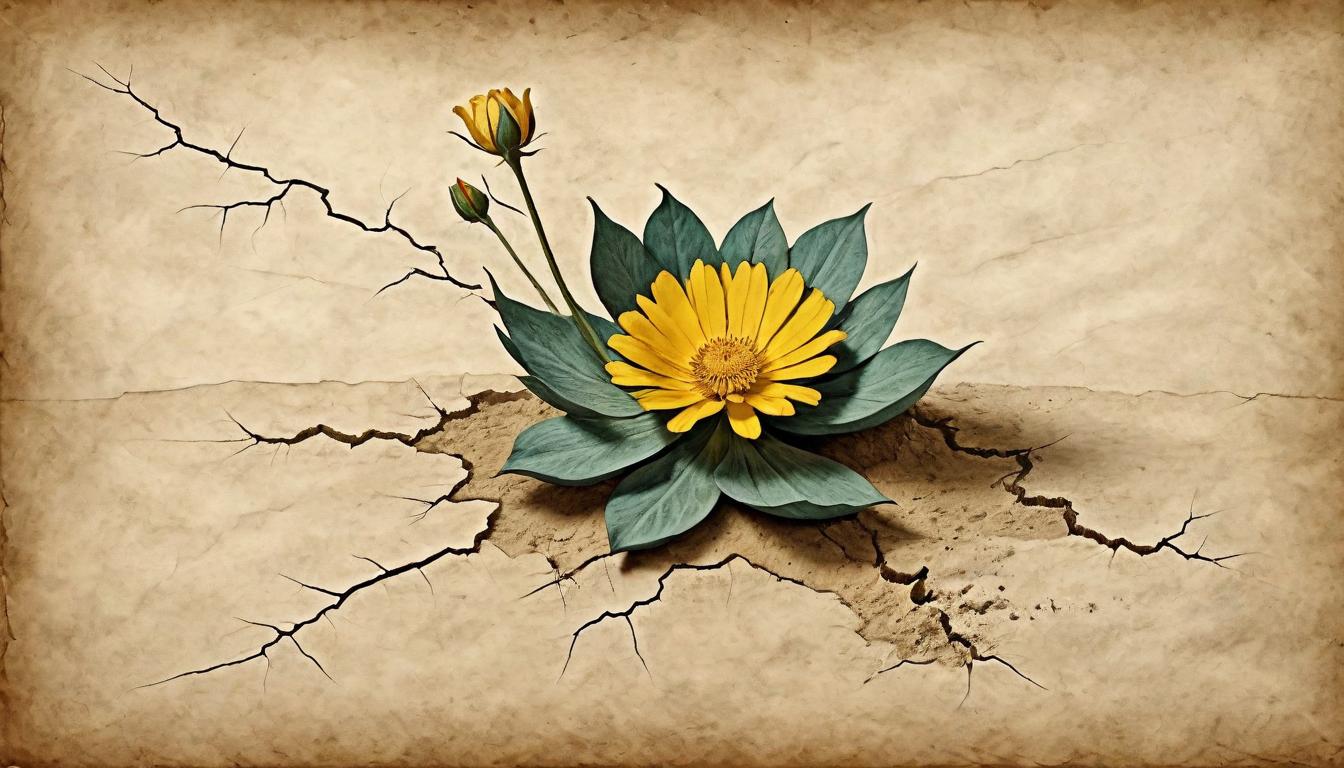  on parchment, surrealism+++, A cracked earth with a single flower breaking through, symbolizing the struggle for survival and justice, resilience amidst adversity(mysterious, provocative, symbolic,muted color)+++