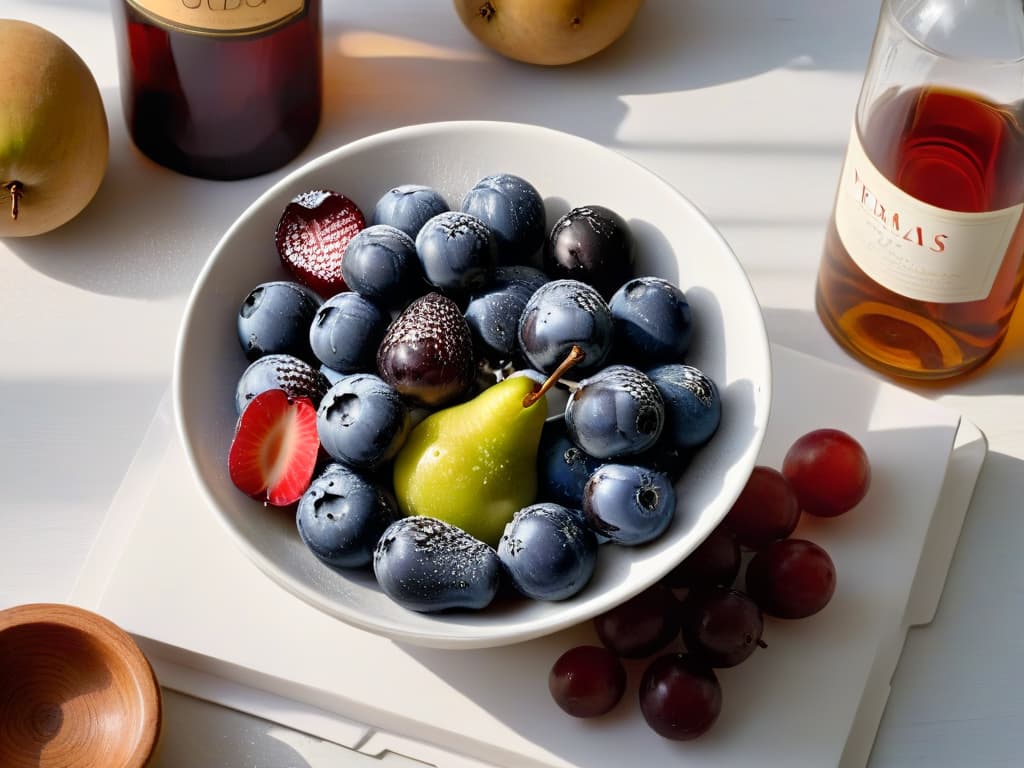  An ultradetailed closeup image of a ripe, juicy pear delicately placed in a sleek, minimalistic white bowl, surrounded by fresh red grapes and a bottle of rich red wine, with droplets of condensation glistening on the fruit, inviting viewers to savor the essence of the original recipe for "peras al vino." hyperrealistic, full body, detailed clothing, highly detailed, cinematic lighting, stunningly beautiful, intricate, sharp focus, f/1. 8, 85mm, (centered image composition), (professionally color graded), ((bright soft diffused light)), volumetric fog, trending on instagram, trending on tumblr, HDR 4K, 8K