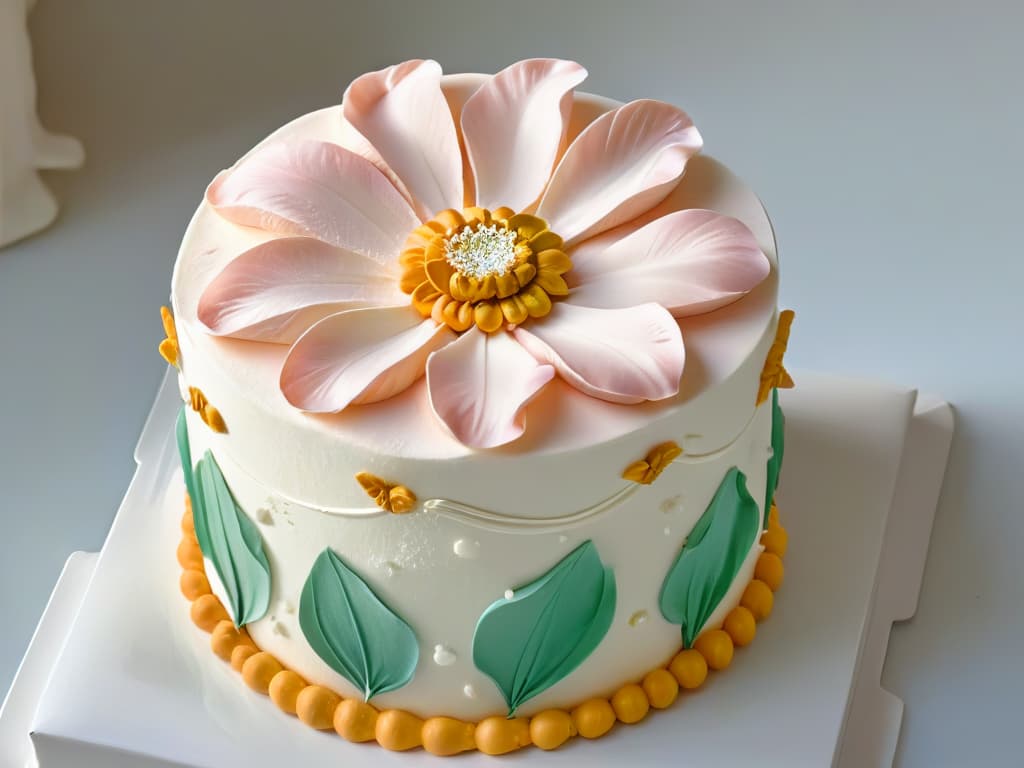  An ultradetailed closeup image of a perfectly sculpted, intricate sugar flower on a pristine white fondant cake, showcasing the delicate details and craftsmanship of awardwinning pastry chefs. The image captures the light reflecting off the petals, emphasizing the skill and precision required to create such a masterpiece in the competitive world of pastry competitions. hyperrealistic, full body, detailed clothing, highly detailed, cinematic lighting, stunningly beautiful, intricate, sharp focus, f/1. 8, 85mm, (centered image composition), (professionally color graded), ((bright soft diffused light)), volumetric fog, trending on instagram, trending on tumblr, HDR 4K, 8K